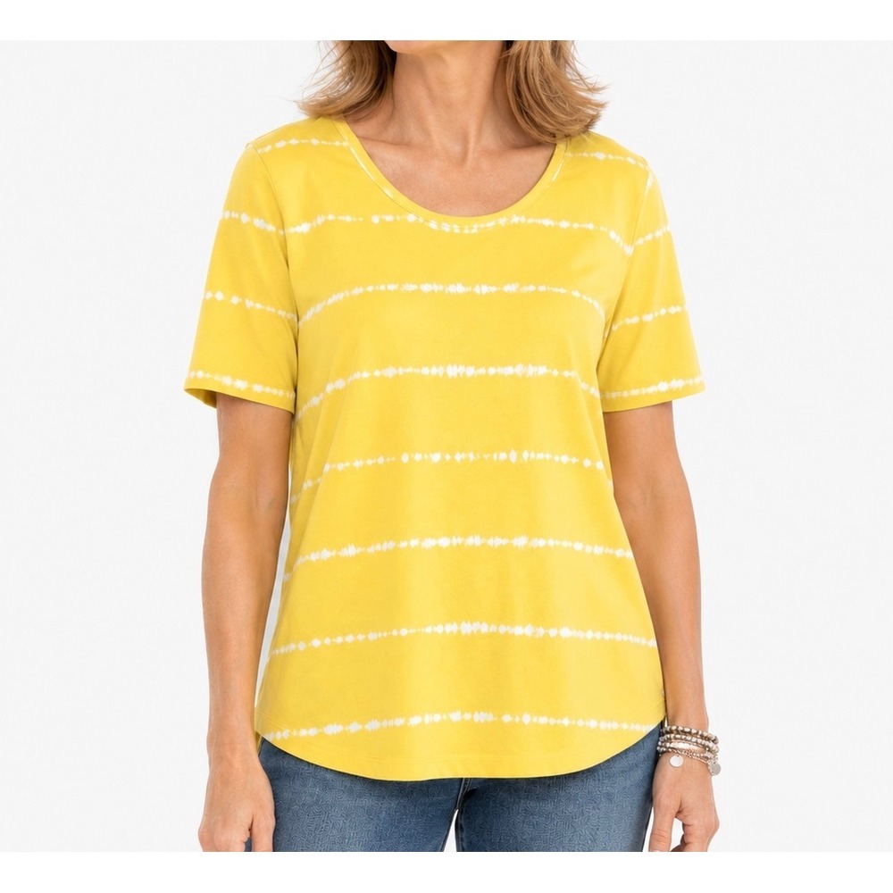 Denim & Co Womens Yellow Tie Dye Striped Scoop Neck Short Sleeve T-Shirt Medium